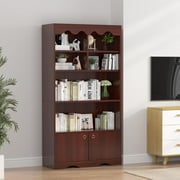 HELLONE 5 Tier Open Bookcase and Bookshelf, Modern Bookcase with Doors, Wood Bookcase Storage Organizer Shelf, 63 in Tall Display Storage Shelves for Bedroom Living Room Office, Brown