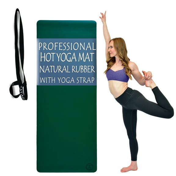 Tatago Hot Yoga Mat Non Slip Professional Grade Natural Rubber Pliates Mat for Hot and Sweaty Classes. Includes Yoga Strap