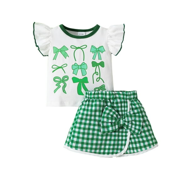 Fesfesfes Toddler Girl's Bowknot 2 Piece Outfits Girls' Fashion Flying Sleeve Bow Printed Tops Irregular Checkered Short Skirt Two Piece Skirt Set 6M-4 Years(Green,6-12 Months)