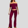 thumbnail image 4 of 2 Piece Flare Pants Set for Women Going Out Off Shoulder Top and Bell Bottom Leggings Slim Fit Sports Yoga Outfits (X-Large, Wine|Short-sleeve), 4 of 7