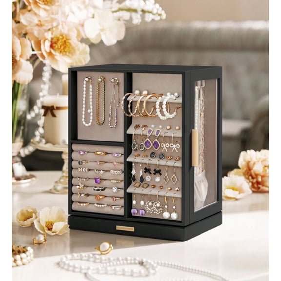 Jewelry Box 360 °   Rotating, Jewelry Storage Case With 5 Drawers, Jewelry Organizer, Glass Window