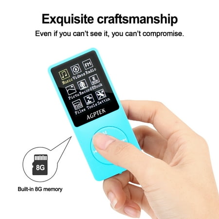 AGPtEK 1.8'' 8GB MP3 Player 70 Hours Playback, Lossless Sound Music Player Expandable Up to 64GB