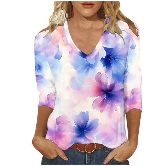 Cilsoka Loose Shirts for Women Trendy Womens Tops Dressy Casual Oversized Graphic Tees for Women Country 3/4 Length Sleeve Womens Tops V Neck My Orders past Orders