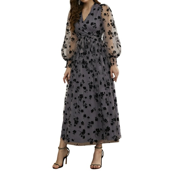 Liacowi Women Tulle Patchwork Dress V Neck Long Sleeve Casual A-Line Dresses with Belt Flower Flowy Sundress