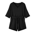 thumbnail image 2 of Zynoxe Womens 2 Piece Outfits Fashion V Neck Short Sleeve Top Elastic Waist Shorts Set Lightweight Breathable Summer Sets Versatile Casual Loose Solid Color Casual Loungewear with Pockets XL, 2 of 10