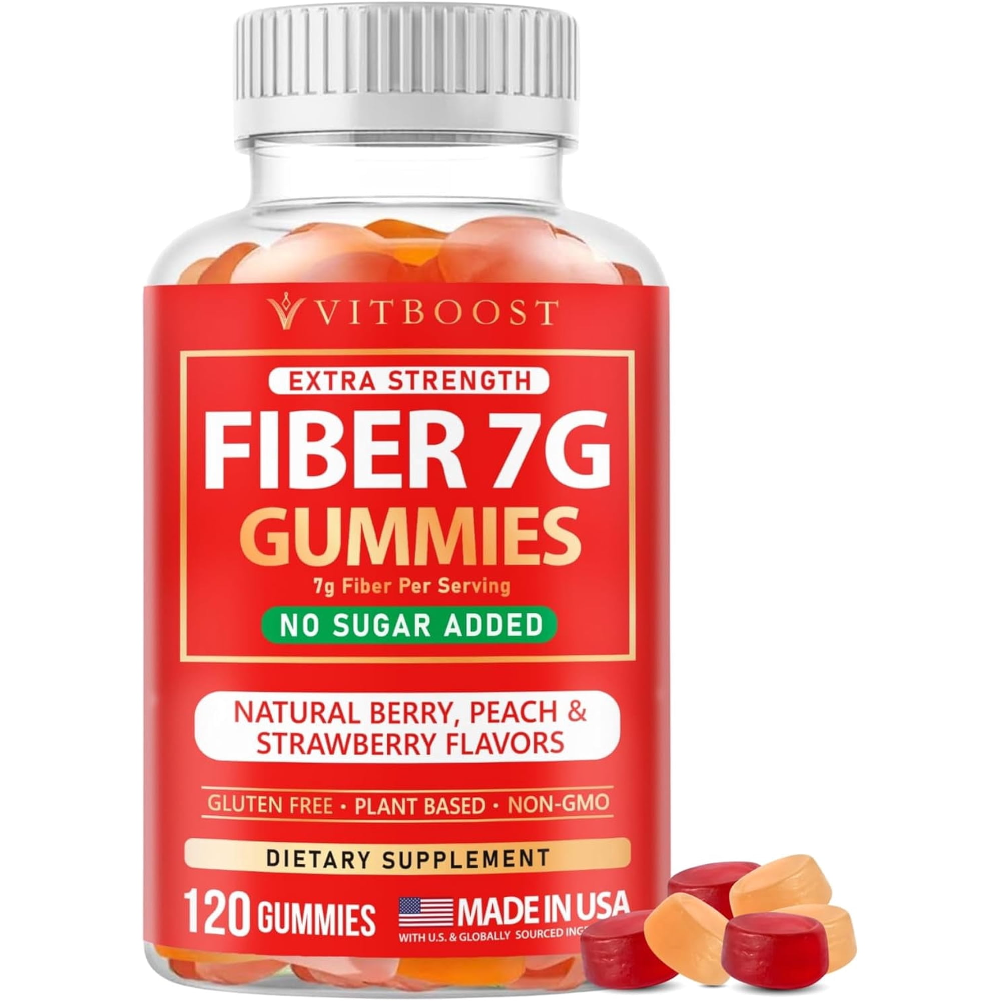 VITBOOST Prebiotic Fiber Gummies 7g – 120 Count – No Sugar Added, Vegan, Pectin-Based (No Gelatin), Non-GMO, Made in USA – Digestive & Gut Health Support