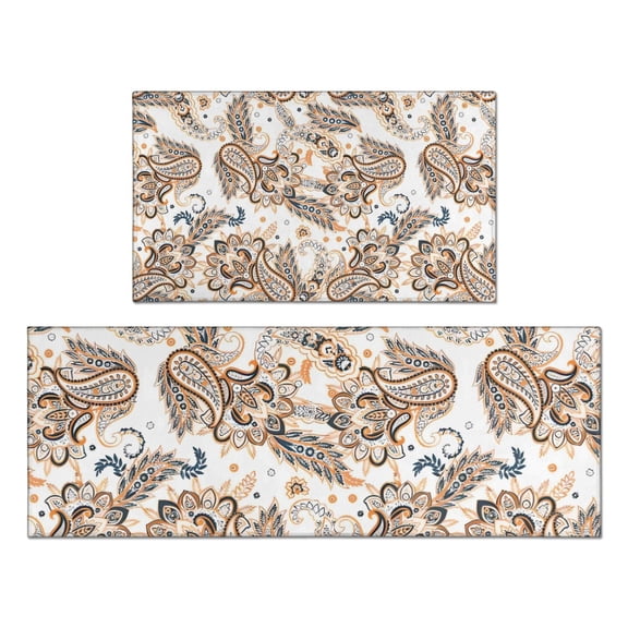 Orange Paisley Pattern Kitchen Rugs Sets Of 2,Anti Fatigue Kitchen Mat Rugs Non Slip Washable,Decorative Kitchen Floor Mats for Kitchen,Sink,Laundry,17"x30" 17"x47"