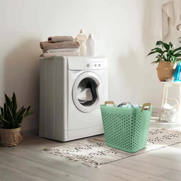 Rectangular Bushel Laundry Basket, with Green Handles. Easy To Carry and Store, Suitable for Laundry Rooms, Balconies and Bathrooms.