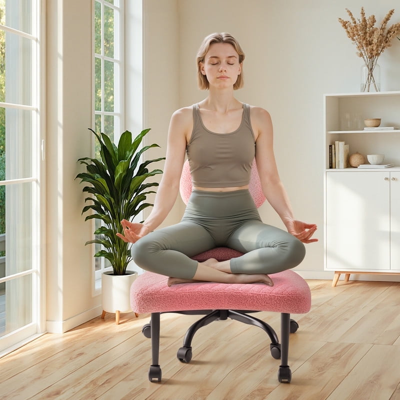 Homall Ergonomic Cross Legged Chair,360°Swivel Wheels, Height Adjustable Ergonomic Kneeling Desk Chairs for ADHD,Meditation ,Yoga and Home Office with Strong Lumbar Support,Teddy Fabric,Pink