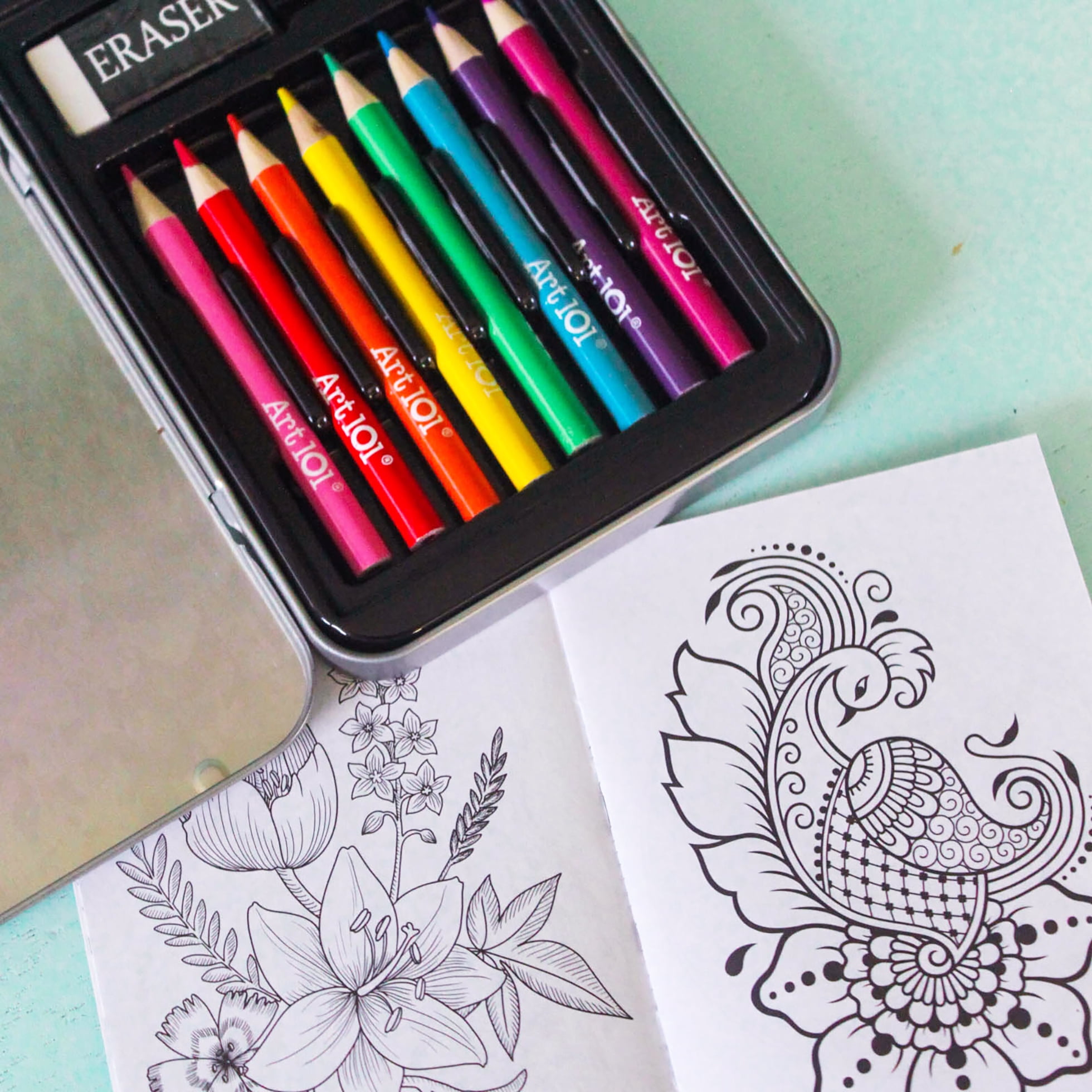 Art 101 Creative Tools Coloring Set for Children to Adults in Tin Case with Colored Pencils