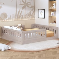 Harper & Bright Designs Full Size Floor Platform Bed with Fence, Wooden Montessori Bed with Safety Guardrails for Boys Girls, Natural
