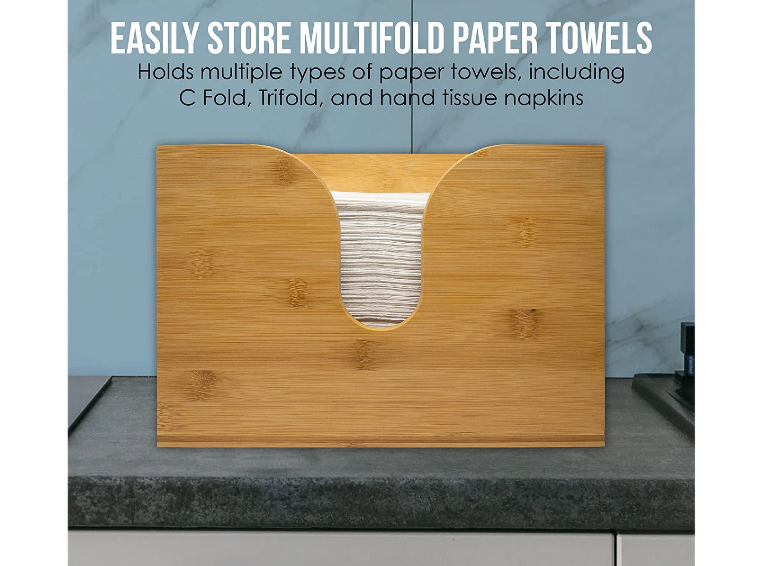 Bamboo Solid Wood Paper Towel Dispenser, Folded Paper Towel Holder for Commercial C-Fold, Z-Fold, Trifold Napkins, Space Saving, Wall Mounted or Countertop for Kitchen, Bathroom,