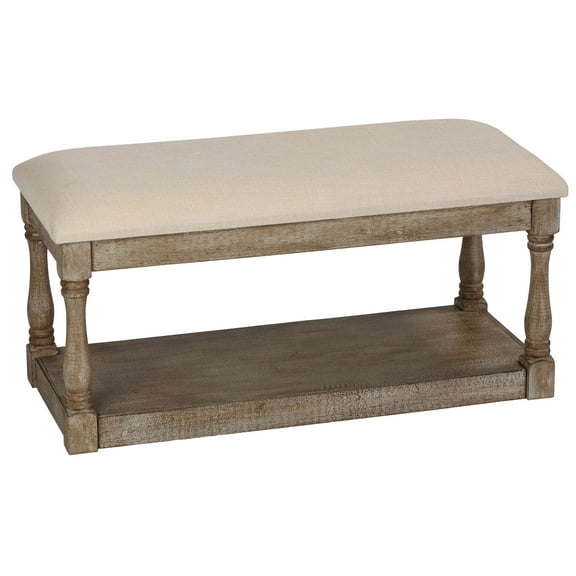 Cortesi Home Dahlia Wooden Bench Ottoman, Distressed Wood and Beige Fabric