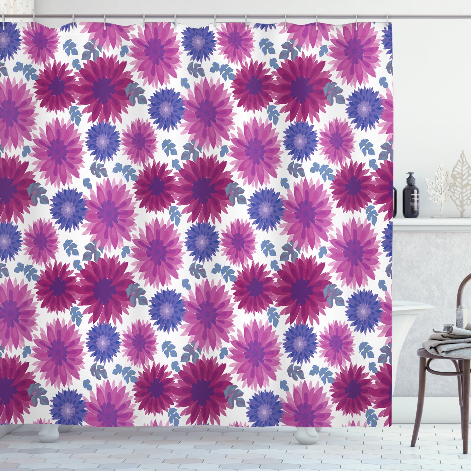 Garden Shower Curtain, Chrysanthemum with Blooming Petals Floral Ornate ...