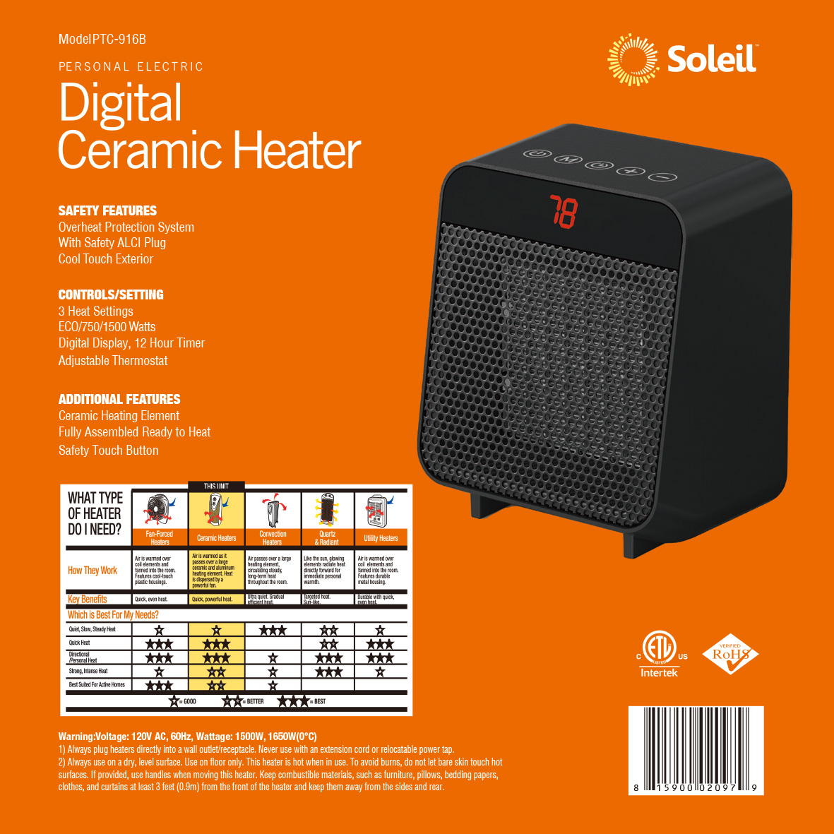 Soleil Electric Digital Ceramic Heater 1500W Indoor Black PTC916B