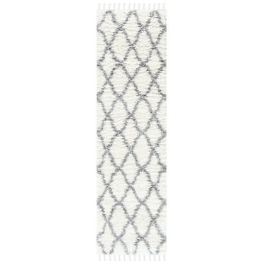 SAFAVIEH Moroccan Tassel Tangier Geometric Shag Runner Rug, Ivory/Light Grey, 2'2" x 8'