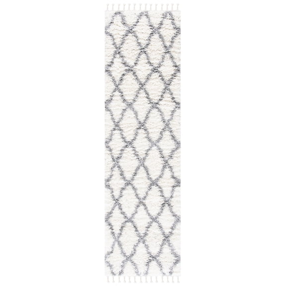 SAFAVIEH Moroccan Tassel Tangier Geometric Shag Runner Rug, Ivory/Light Grey, 2'2" x 8'