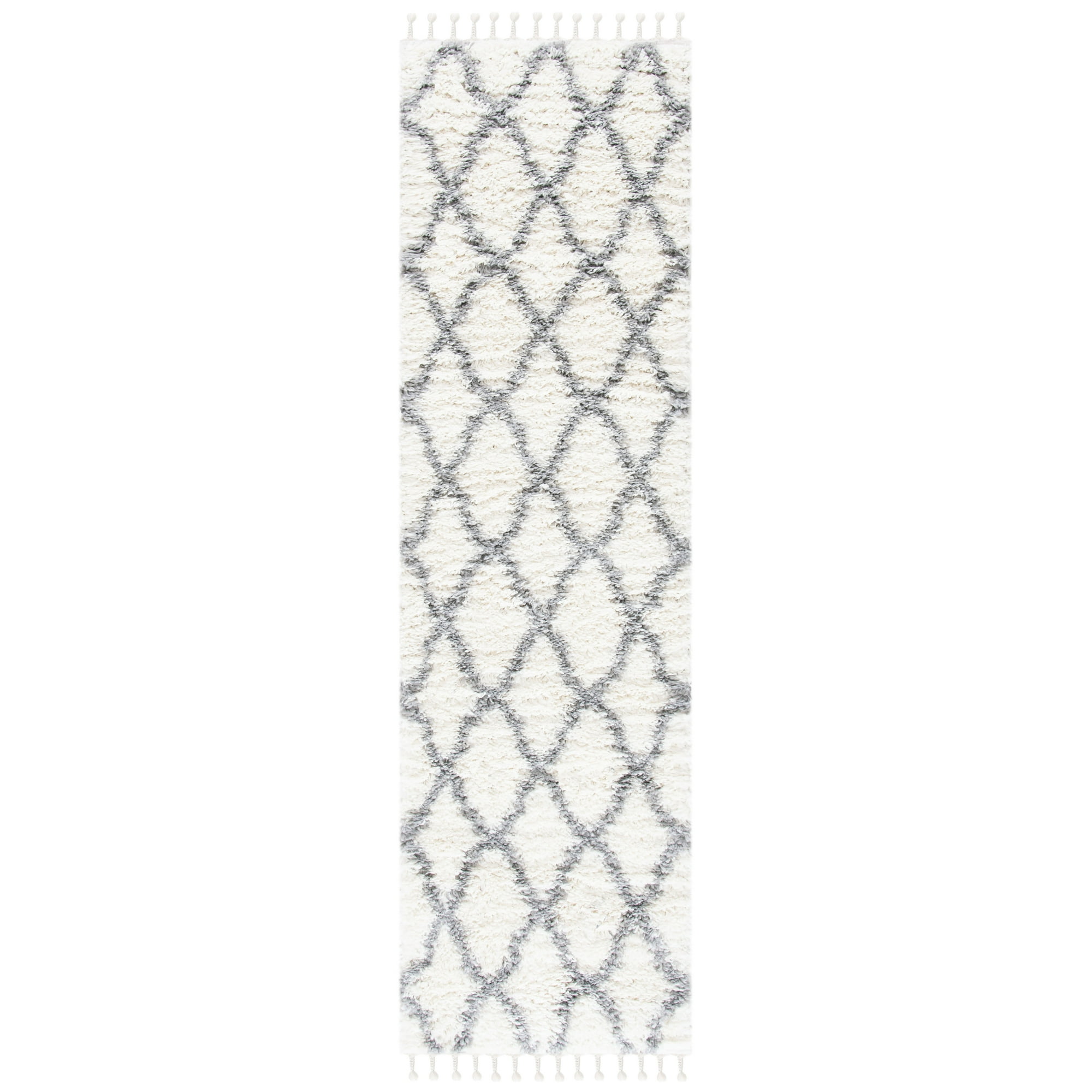 SAFAVIEH Moroccan Tassel Tangier Geometric Shag Runner Rug, Ivory/Light Grey, 2'2" x 8'