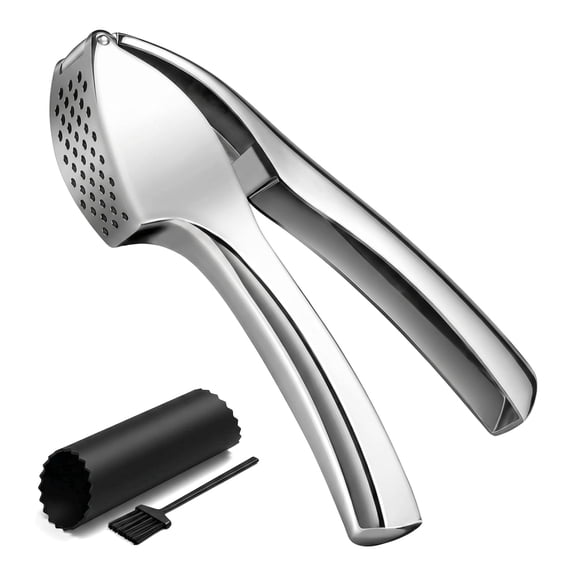 Garlic Press – Stainless Steel Heavy Duty Garlic Crusher with Skin Collector & Cleaning Brush, Dishwasher Safe, 1 Set