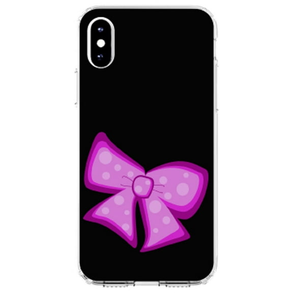 DistinctInk Clear Shockproof Hybrid Case for iPhone XR (6.1" Screen) - TPU Bumper, Acrylic Back, Tempered Glass Screen Protector - Pink Black Bow Ribbon - Cartoon Bows / Ribbons