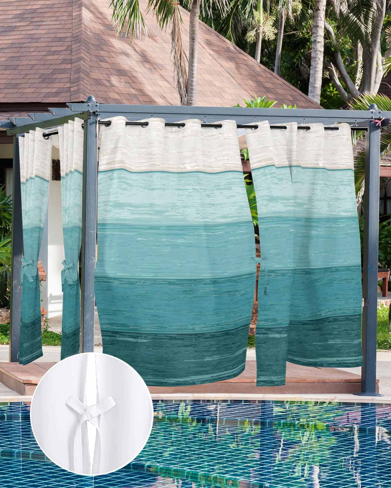 Teal Ombre Outdoor Curtains for Patio, Farmhouse Vintage Wooden Striped Privacy Drapes Grommet Waterproof Outside Curtains for Porch/Cabana/Balcony 54"x 108", 1 Panel