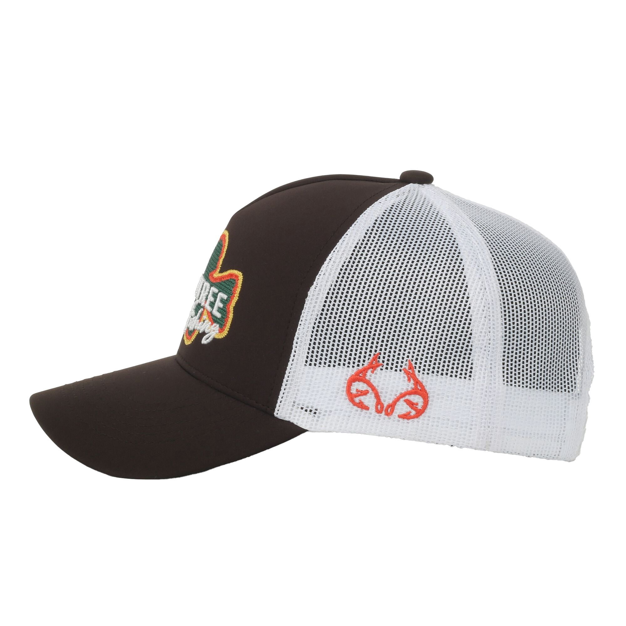 Realtree® Fishing Brown/White 5-Panel Cap – Structured Mesh Back, Antler Logo, One Size