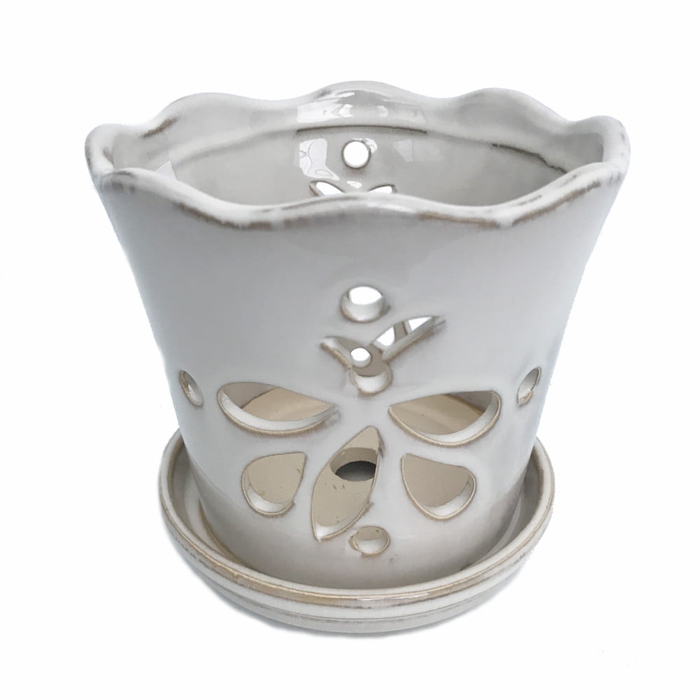 Orchid Pot with Saucer White 8 In 