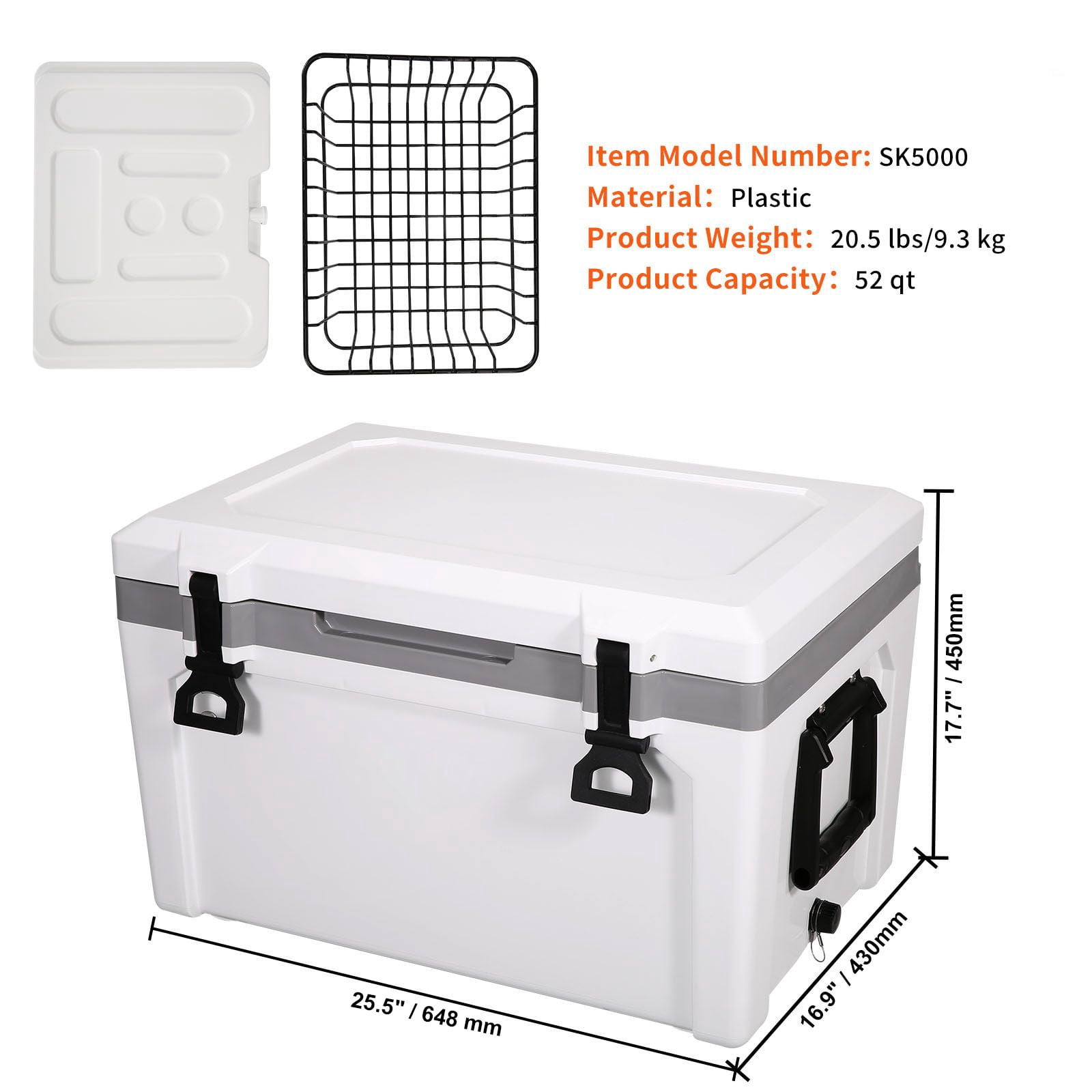 Insulated Portable Cooler, 52 qt, Holds 50 Cans, Ice Retention Hard Cooler with Heavy Duty Handle, Ice Chest Lunch Box for Camping, Beach, Picnic, Travel, Outdoor, Keeps Ice for up to 6 Days