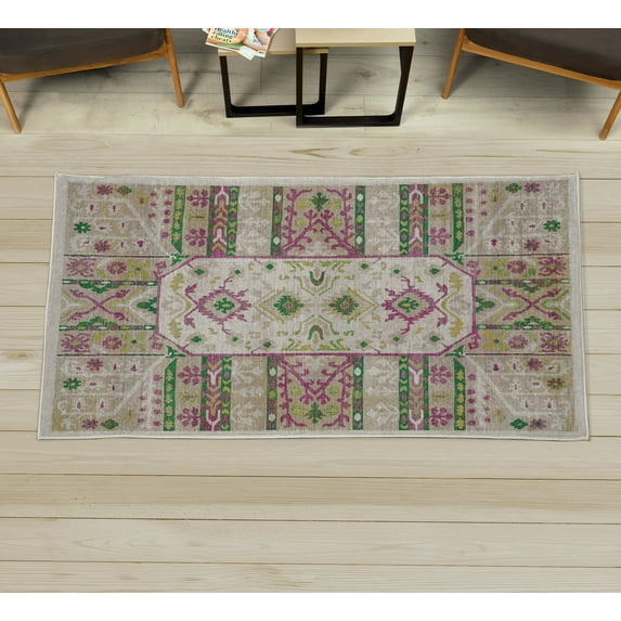 Tribal Decorative Rug, Ethnic Themed Ornaments with Geometric Details and Traditional Symbols Artwork, Quality Carpet for Bedroom Dorm and Living Room, 6 Sizes, Fern Green, by Ambesonne