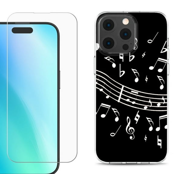 For iPhone 16 Pro Phone Case Cover, Shockproof Case with Tempered Glass Screen Protector, by OneToughShield - Music Notes / Black