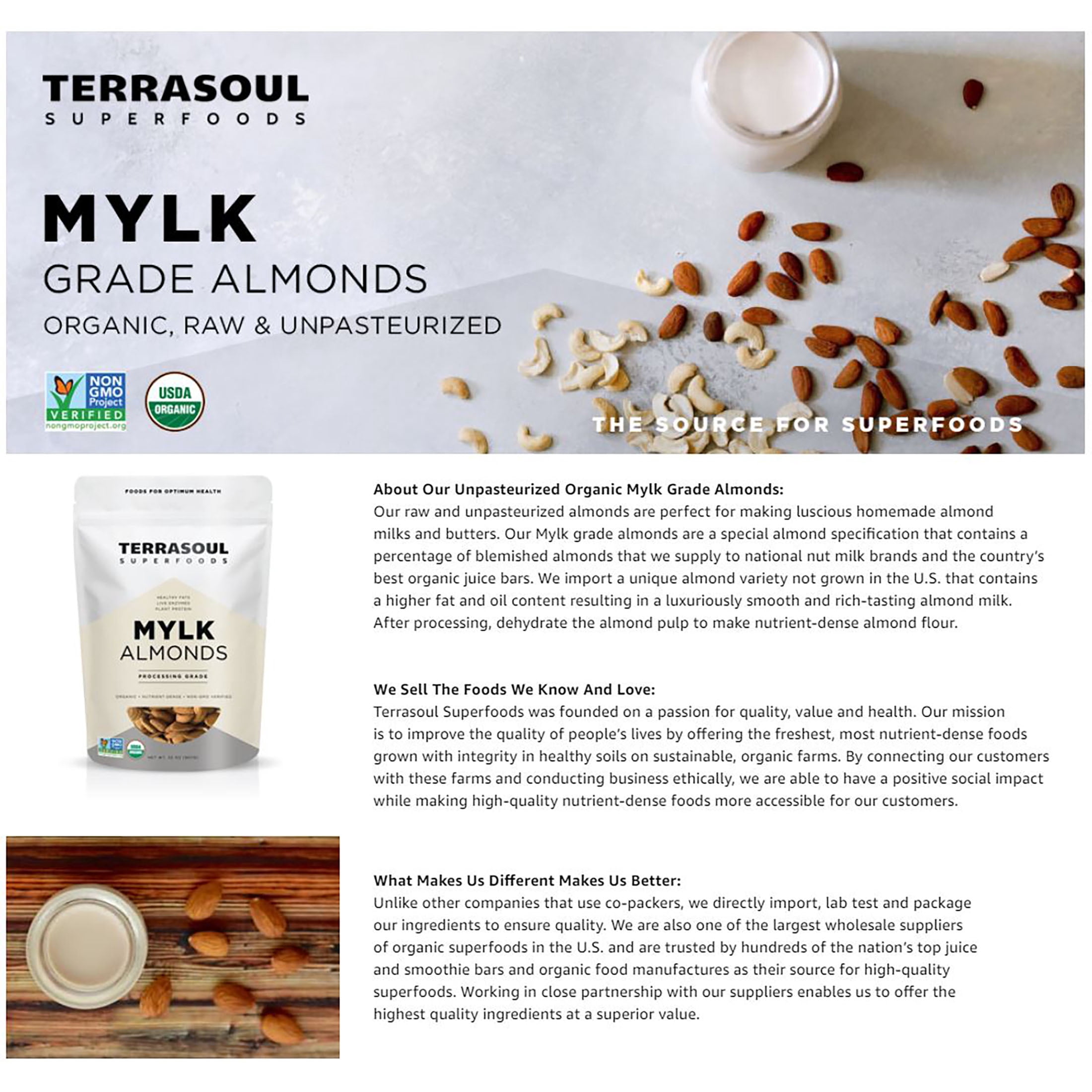 Terrasoul Superfoods Organic Raw Unpasteurized Almonds (Mylk Grade), 6 Lbs (2 Lbs 3-Pack)