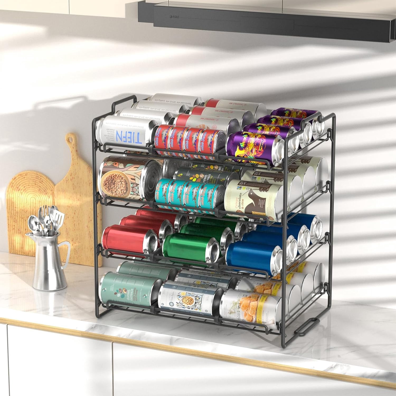stusgo 2 pcs 4 Tiers Stackable Can Rack Organizer, Wear-Resistant Upgrade Beverage Food Can Dispenser Holder Holds up to 48 Cans for Kitchen Cabinet and Pantry (Black)