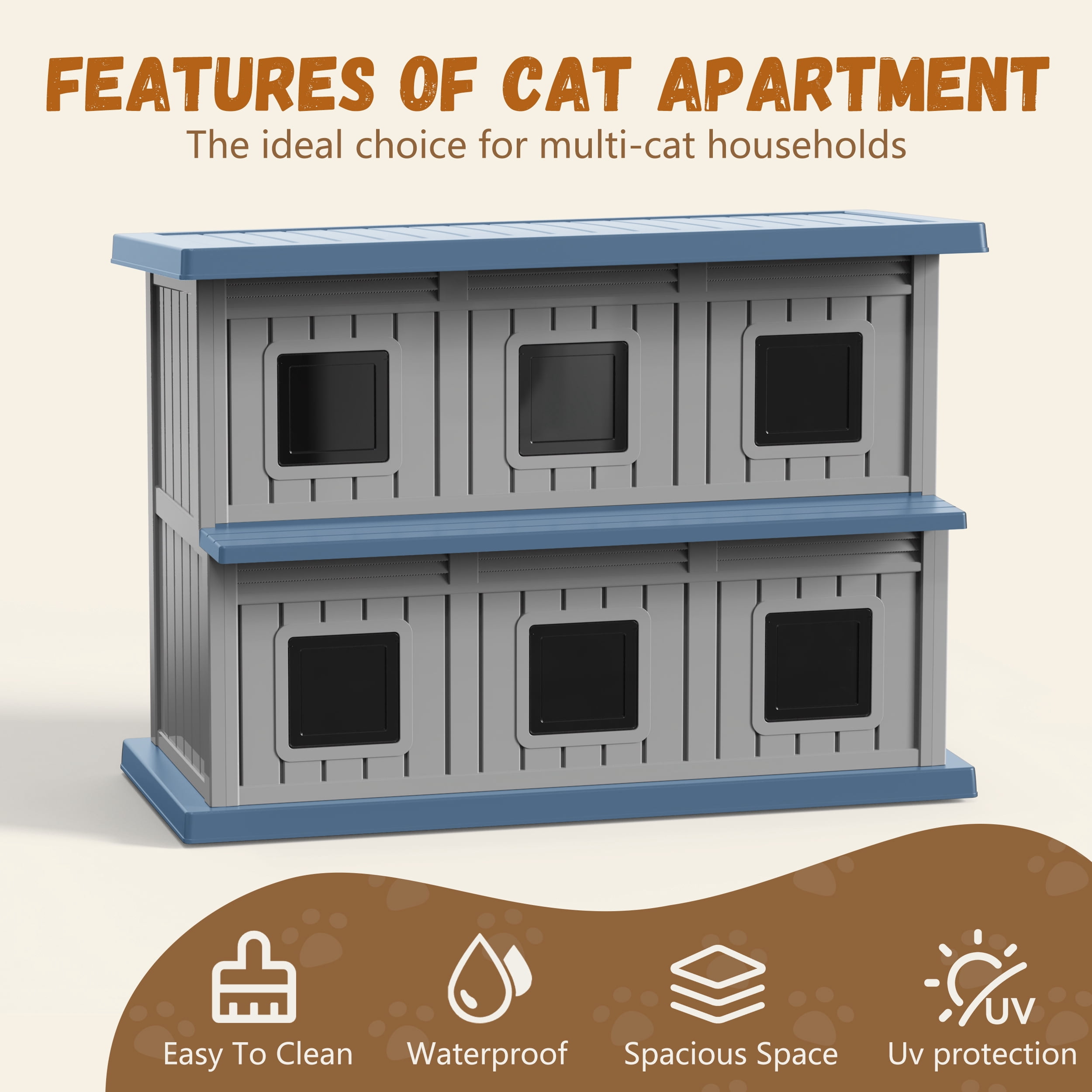 EasyUp Outdoor Cat House Large Double-Decker Cat Houses for Outdoor Cats with Adjustable Window Balcony Weatherproof UV Protection Cat Shelter for Several Feral Cats,Blue&Grey