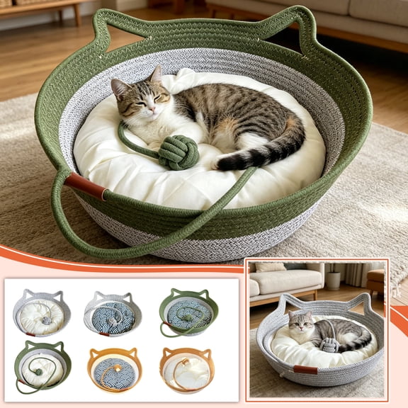Cat Basket Woven Cat Bed for Indoor Cats with Removable Cushion and Cat Toys Stylish Bohemian Pet Decor Pet Gift for Pet Owners