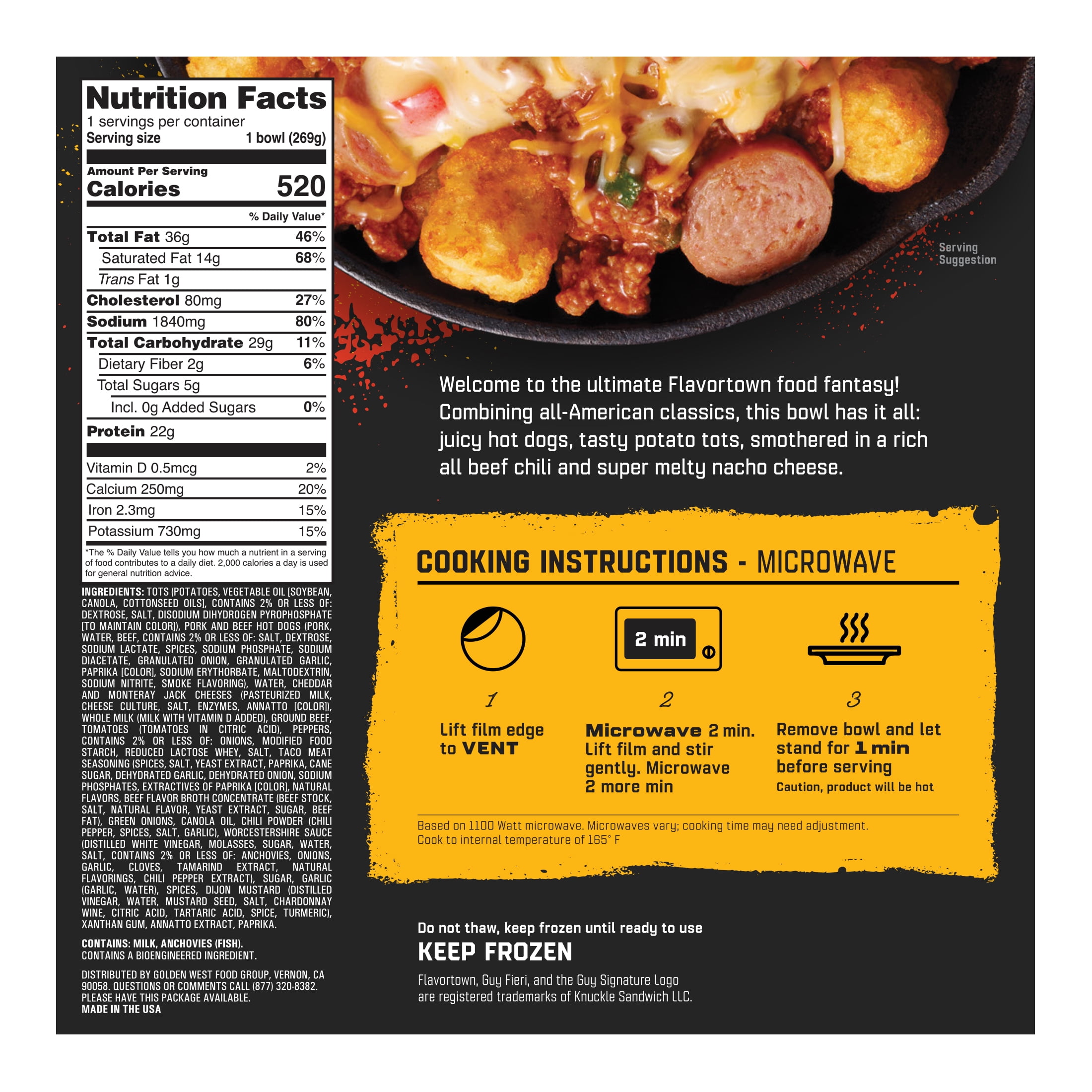 Guy Fieri's Flavortown Chili Cheese Dog Loaded Tots in a Beef Chili & Nacho Cheese Sauce Bowl, 9.5 oz (Frozen)