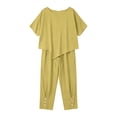 thumbnail image 6 of Bloomae Two Piece Cotton Linen Outfit Sets for Women Lightweight Casual Summer Short Sleeve Irregular Hem Tops Drawstring Elastic Waist Button Ruched Bottom Pants Matching Lounge Set Yellow XXXL, 6 of 7