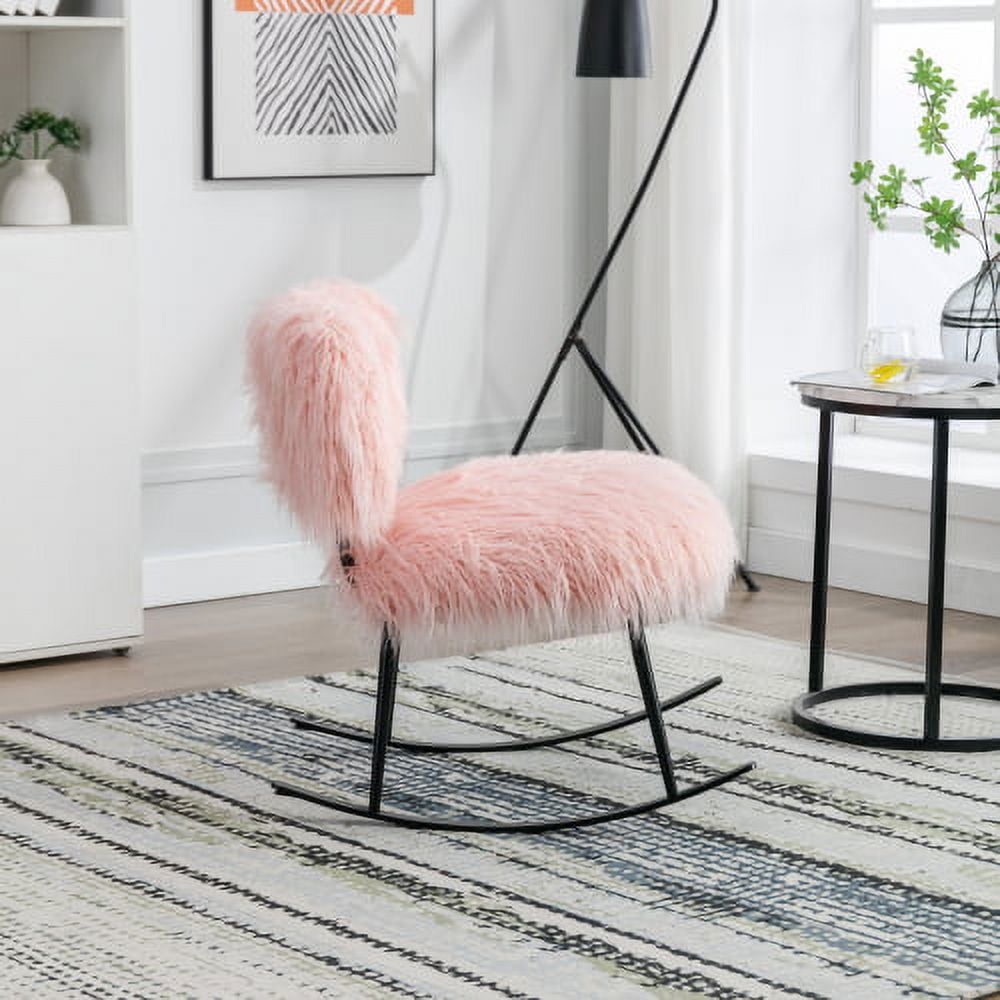 BSHTI25.2'' Wide Faux Fur Plush Nursery Rocking Chair, Baby Nursing Chair, Fluffy Upholstered Glider Chair, Comfy Modern Chair for Living Room, Bedroom (Pink)