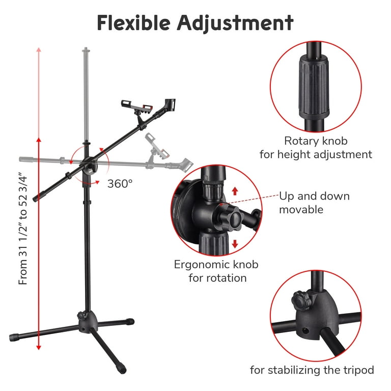 Microphone Stand Mic Boom Stand with 2 Mic Clips, Height Adjustable Tripod