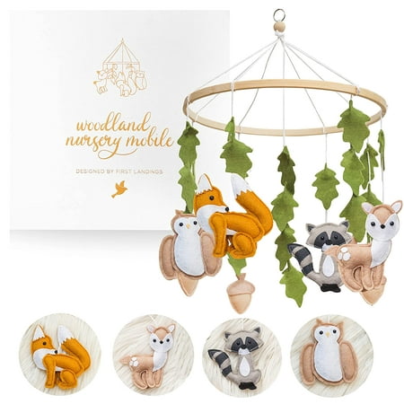 First Landings - Woodland Mobile for Crib - Baby Nursery Mobiles - Crib Mobile Baby Boys and Girls - Baby Mobile with Fox Decor - Forest Animals Woodlands Theme