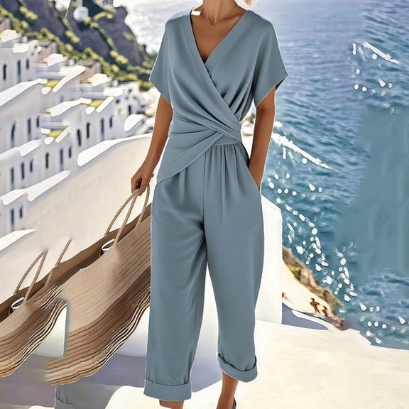 MORTTIC Women's Fashion Solid Color 2-Piece Set Cross V-Neck Top & Wide Leg Jumpsuit with Pockets Casual Outfit Blue,S