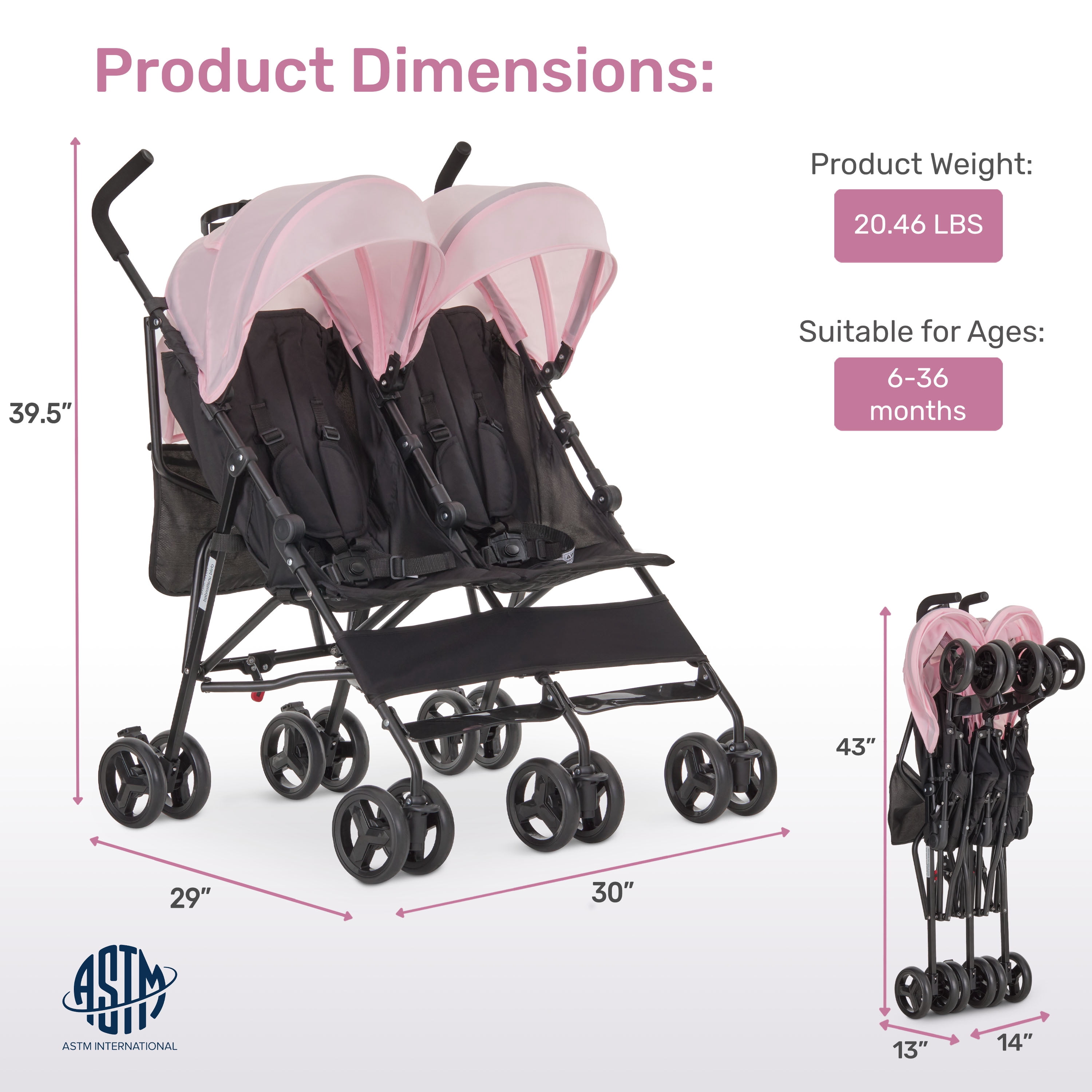 Dream On Me Twin Venture Umbrella Stroller, Pink