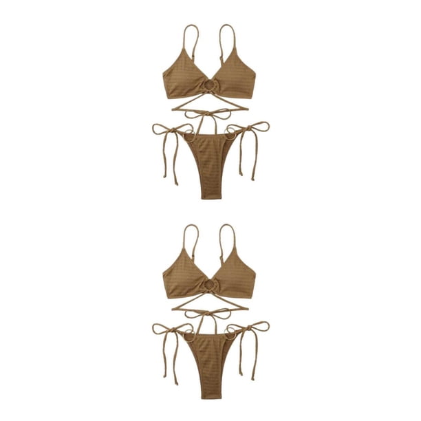 Yuarrent Conjunto de bikinis sexy Traje de baño de piezas con correa vinculada Traje de baño ajustable amigable con la piel Push-Up Ropa Color café S 2piezas