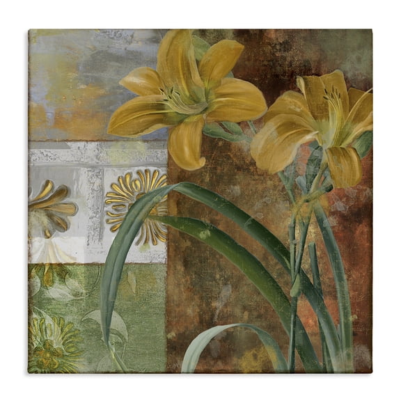 Stupell Industries Yellow Lilies on Vintage Tile Floral Painting Wrapped Canvas Canvas Art Print Wall Art, 17 x 17