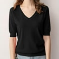 thumbnail image 5 of Summer Homenesgenics Womens Tops under $5 Women's Solid Color Knitted-Neck Top Casual T-Shirt with Mid Sleeves Black XL, 5 of 7