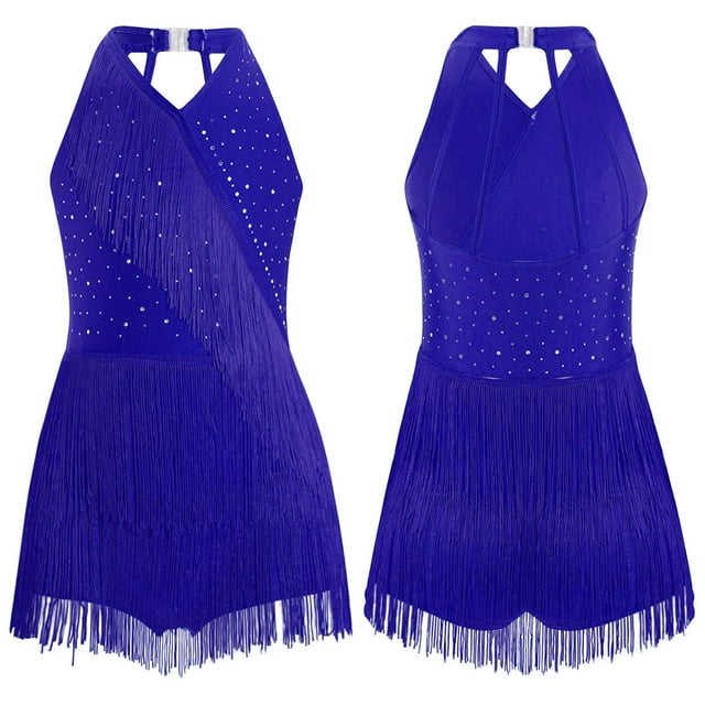 Miaeowve Robe de Danse Latine à Franges pour Filles Jazz Tango Rumba Costumes de Danse Justaucorps de Salon Bleu 14
