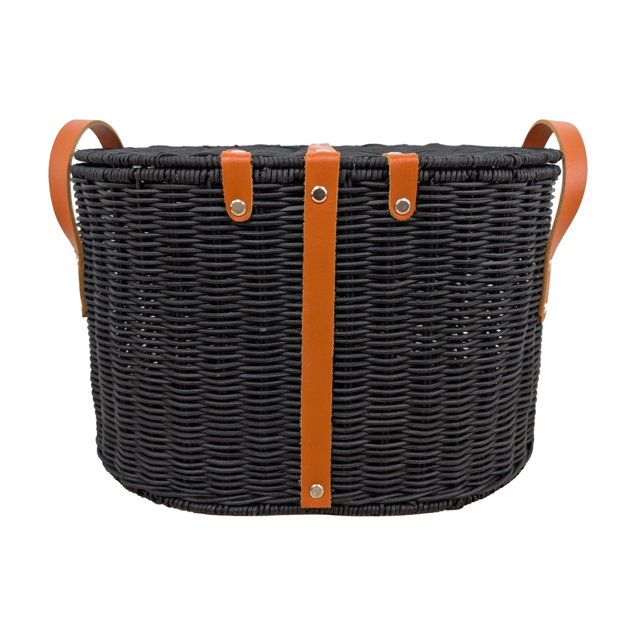 DecMode 16" x 11" Black Rattan Handmade Woven Storage Basket with Brown Leather Handles, 1-Piece