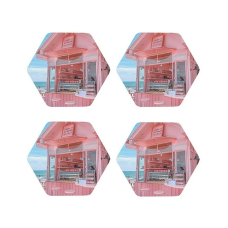 

Tideii Pastel Pink Beach Cafe for Leather Coasters 4 Pieces Anti-fouling and Anti-scalding Decorative Coasters Suitable for Restaurants Kitchens Coffee Shops-Hexagon