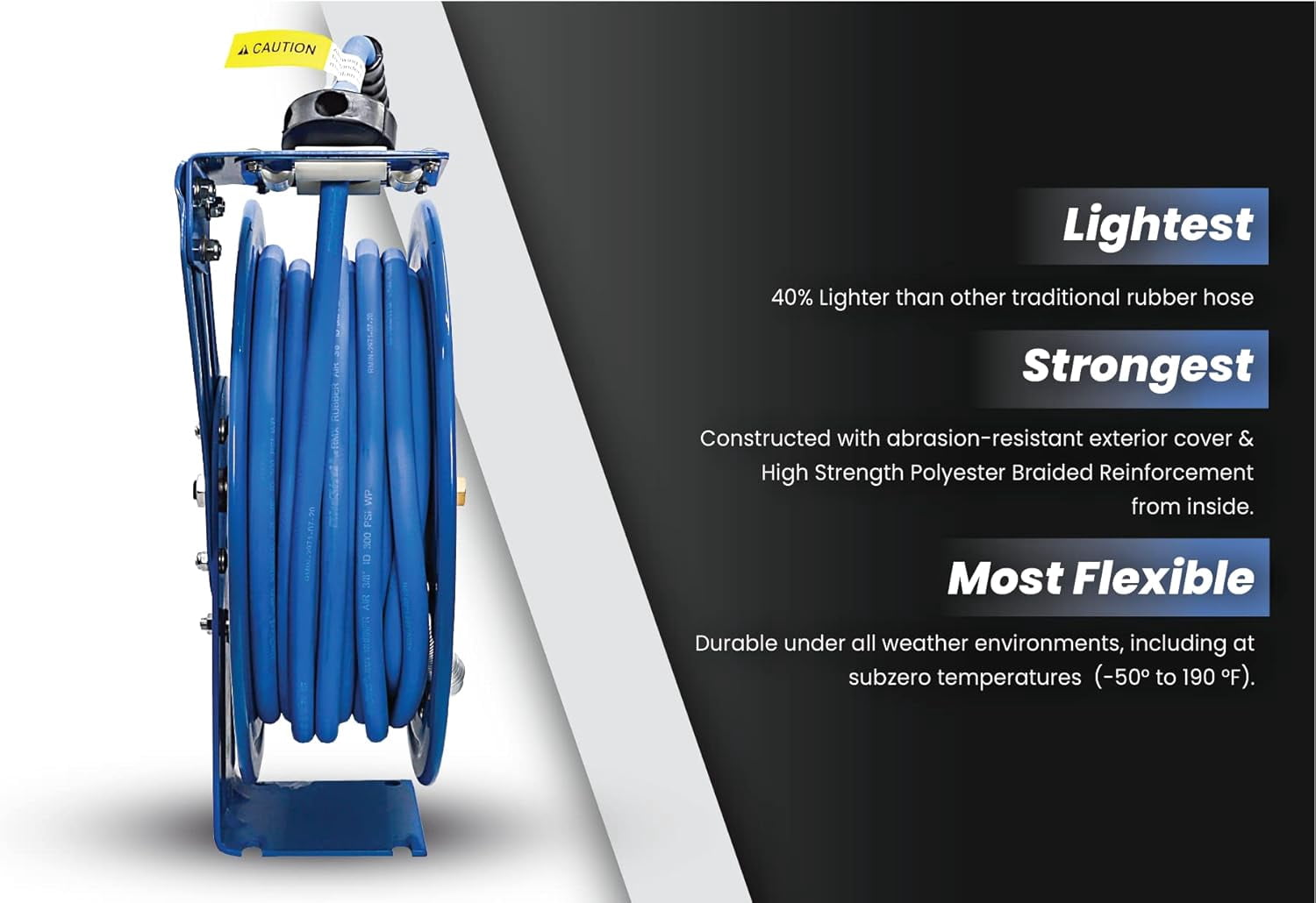 BLUBIRD BBRHD1250 18ga. Retractable Hose Reel with 1/2" X 50' Air Hose, 12 Point Ratcheting Gear, Next-Gen Rubber, Lightest, Strongest, Most Flexible, 300 PSI, -50F to 190F Degrees, Polyester Braided