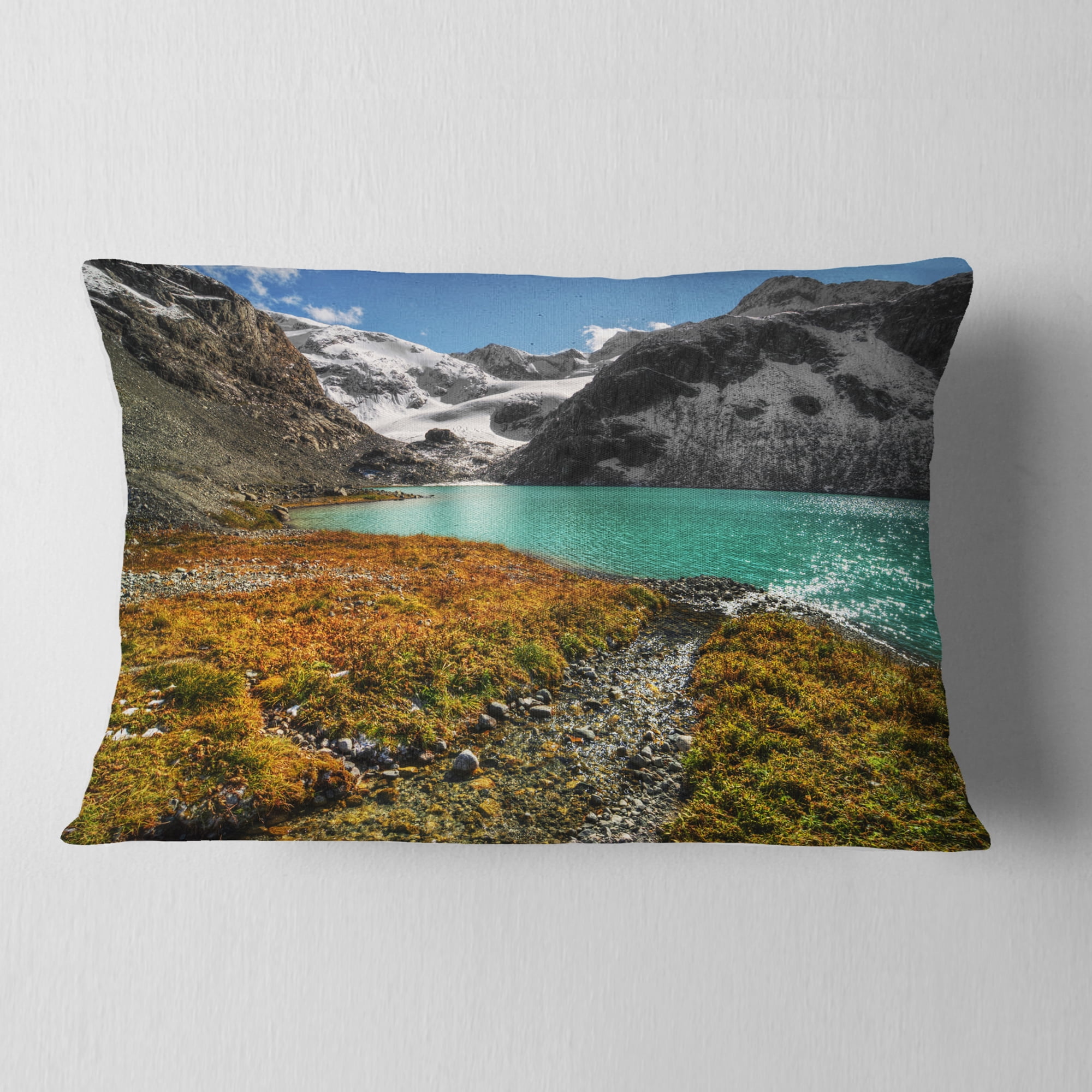 Designart Crystal Clear Lake among Mountains - Landscape Printed Throw Pillow - 12x20