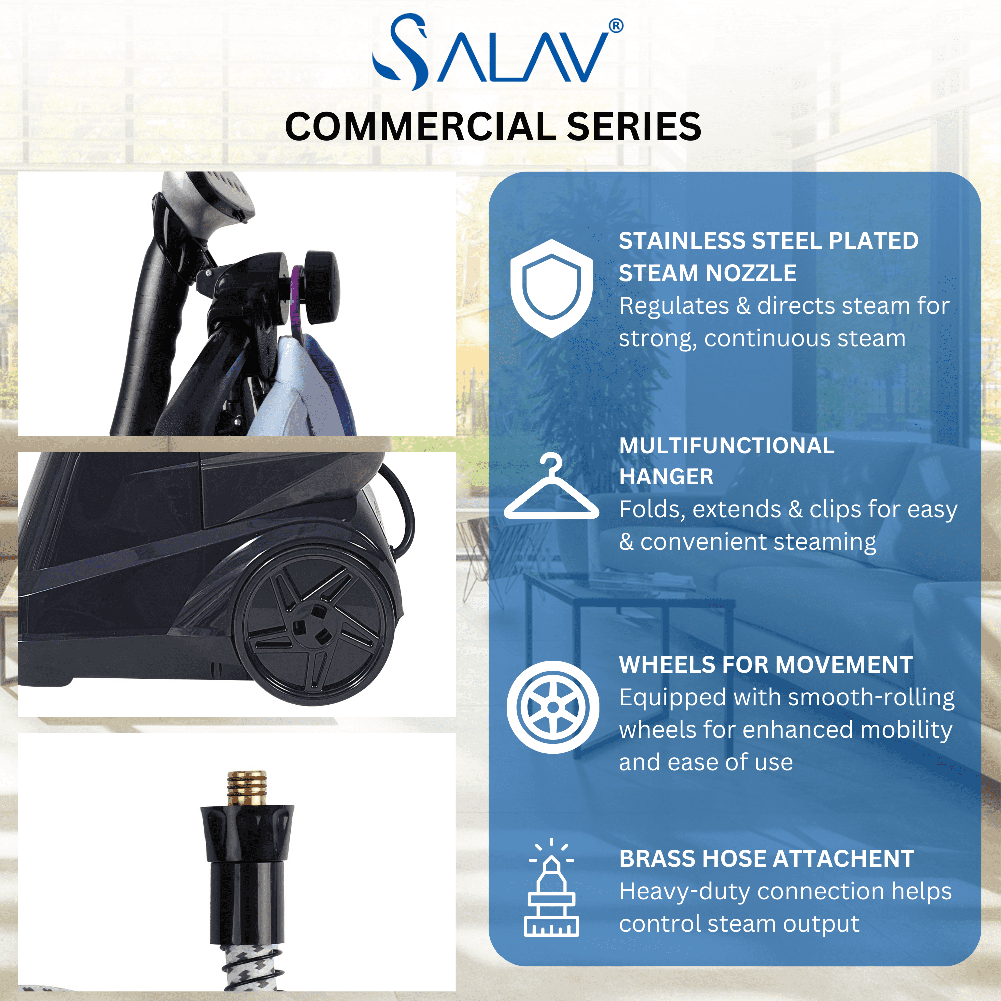 SALAV X3 Commercial-Grade Smart Auto Shut off Garment Steamer with Foot Pedals and Extra Large 3L Water Tank, Navy